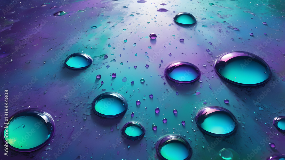 Poster luminous droplets: a mesmerizing macro shot of water droplets, each reflecting a spectrum of vibrant