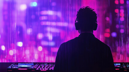 Obraz premium DJ performing at vibrant nightclub with colorful lights and lively atmosphere