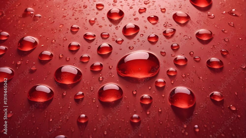 Poster crimson reflections: captivating close-up of glistening water droplets on a textured, deep red surfa