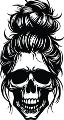 Skull Girl with Messy Bun Hairstyle, Messy bun silhouette, design, art, tattoo