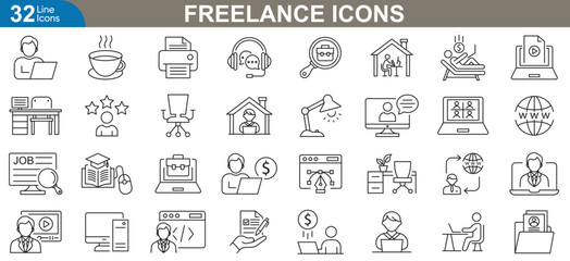 Freelance icons set. Representing online jobs, productivity, client communication, project management, time tracking, payment processing, work life balance and more. Vector illustrations