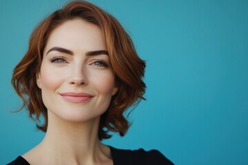 Fototapeta premium A woman with short brown hair and green eyes is smiling at the camera