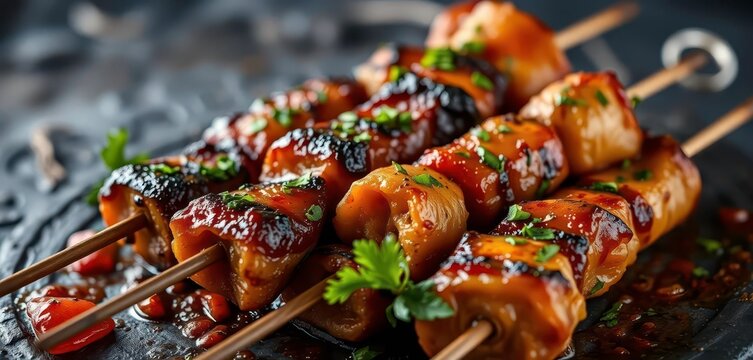 Grilled Lula kebab skewers, close-up, smoky sauce, herbs, dark stone,  protein, cuisine