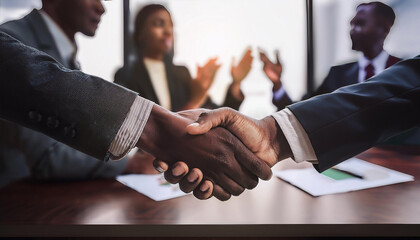 A deal is sealed with a handshake in a business meeting, emphasizing collaboration and agreement. The image captures the essence of teamwork, success, and the power of partnerships