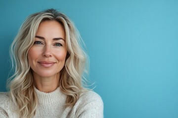 Fototapeta premium A woman with blonde hair and a white sweater is smiling at the camera