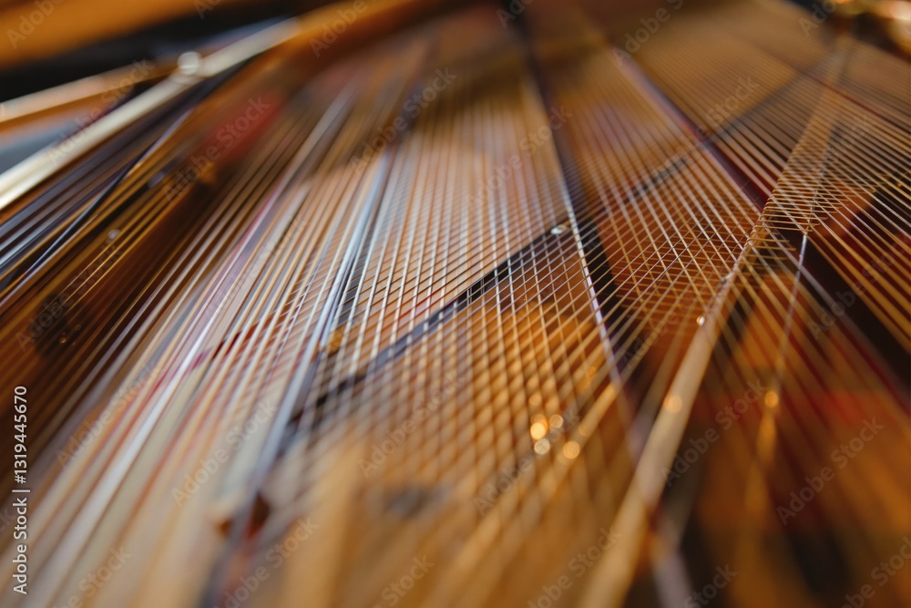 Aufkleber detailed close-up of piano strings with intersecting lines creating a geometric pattern, captured in