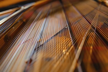 Detailed close-up of piano strings with intersecting lines creating a geometric pattern, captured in warm golden tones. Abstract musical concept. Ai generative
