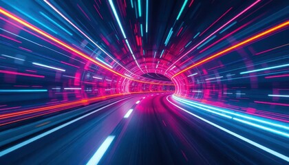 High-speed light streaks illuminate a futuristic tunnel, vehicle, graphic