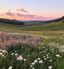 Obraz premium Serene Landscape of Colorful Wildflowers Under a Soft Purple Sunset in a Peaceful Valley Surrounded by Rolling Hills and Majestic Mountain Peaks