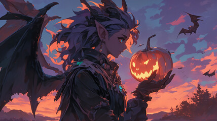 A little vampire and a pumpkin.