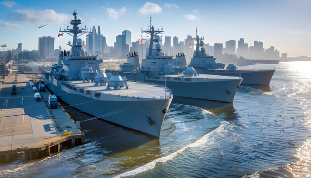 military ships dock along the scenic San Diego coastline, with their towering structures and flag waving in the breeze, embodying strength and security while offering stunning ocean views.

