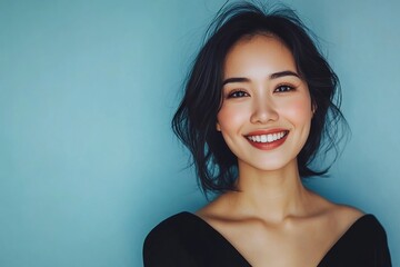 A woman with long hair and a black dress is smiling