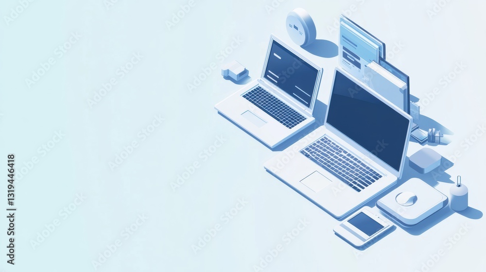 Poster isometric graphic of computer equipment with laptops, cloud services, and technology items in a crea