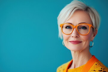 A woman wearing orange glasses and a yellow dress is smiling