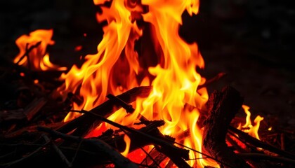 Obraz premium Intense burning flames engulfing dry wood, creating vibrant orange and yellow hues, fire, scorching