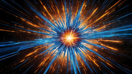 Fototapeta premium Cosmic Burst: A vibrant explosion of energy radiates outward, featuring a bright center and streaks of fiery orange and cool blue, suggesting the power and beauty of the universe.