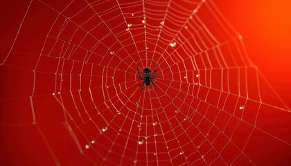 Obraz premium Intricate spiderweb detail, dewdrop, spider silhouette, dark orange backdrop, art, arachnid