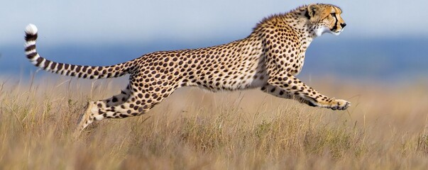 Obraz premium A spotted cheetah running at speed over dry grassy terrain