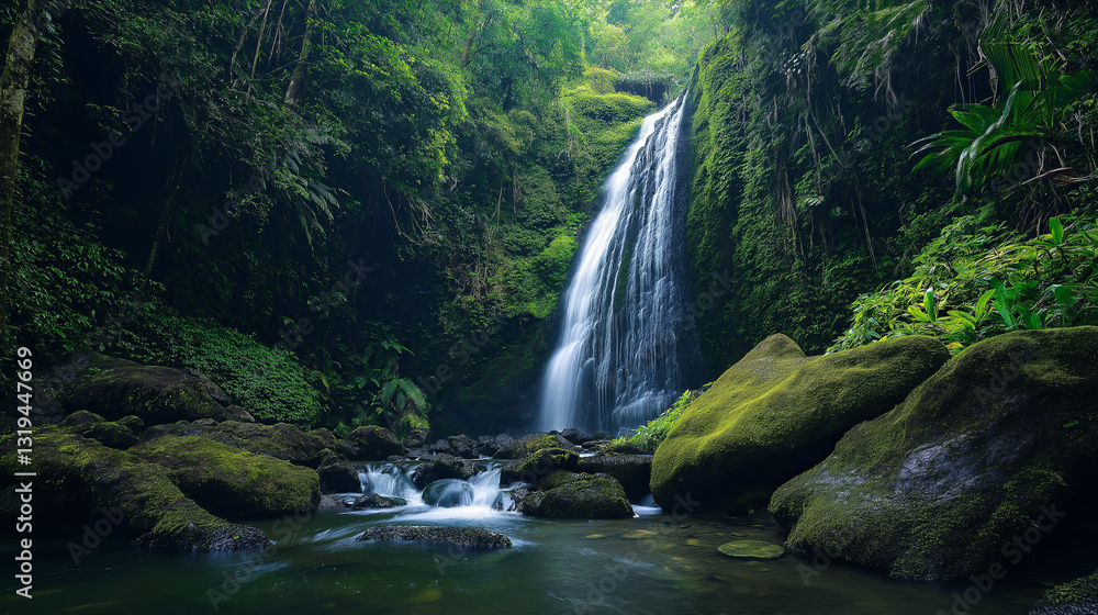 Poster a dramatic waterfall cascading down moss-covered rocks in a hidden rainforest
