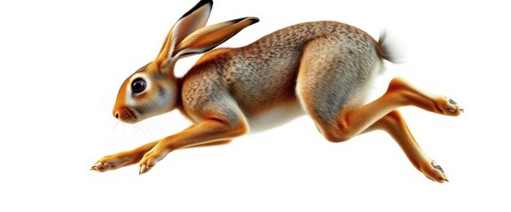 Obraz premium Jackrabbit mid-leap, powerful muscles, long ears, white background, speed, agility, photorealistic, motion
