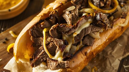Fototapeta premium Philadelphia Cheesesteak Sandwich: An Iconic Delight! Savor this classic Philly staple made with thinly sliced ribeye steak