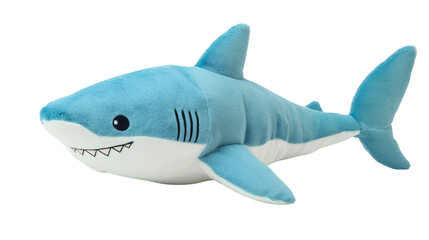 Fototapeta premium A very sweet and beautiful toy for kids, a small smiling shark, with lovely blue details, a sea shark with sharp teeth.