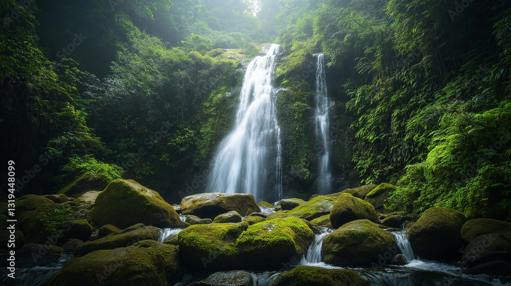 Poster a dramatic waterfall cascading down moss-covered rocks in a hidden rainforest