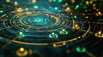 Fototapeta premium Sustainable electricity and circuit design. Abstract digital design featuring glowing circles and intricate patterns in blue and gold hues.