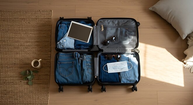 Overhead shot of suitcase with clothes - preparation for vacation - travel booking website.