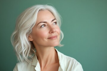 A woman with a white shirt and gray hair is smiling and looking up