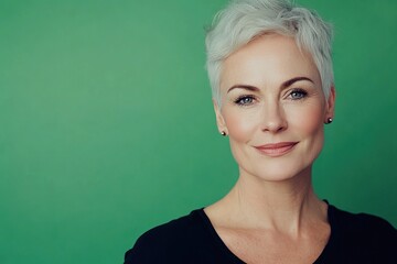 Fototapeta premium A woman with short hair and a black shirt is smiling