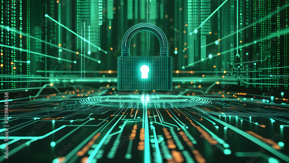 Poster cybersecurity fortress: a glowing padlock at the center of a vibrant, futuristic circuit board, symb