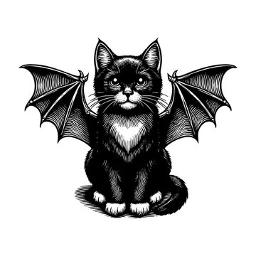 recommend clip art: Black cat with bat wings engraving black and white outline. Scratch board imitation.  illustrated in vintage line art style on a white background.
                    