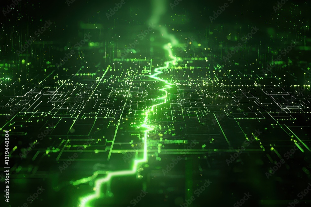 Poster sustainable electricity and circuit design. abstract digital landscape with glowing green lines and 