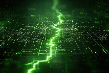 Obraz premium Sustainable electricity and circuit design. Abstract digital landscape with glowing green lines and patterns.