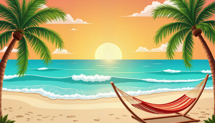 Relaxing hammock under sunset along beach with palm trees, vacation
