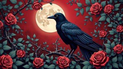 Majestic raven on branch with full moon and red roses at night