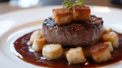 Savor the exquisite Tournedos Rossini, a perfectly cooked steak topped with rich sauce and crisp croutons, artfully presented on a pristine white plate in an upscale dining setting