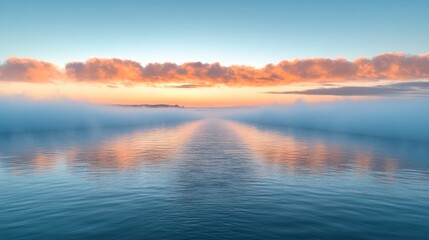 Calm water reflecting sunrise, with fog.