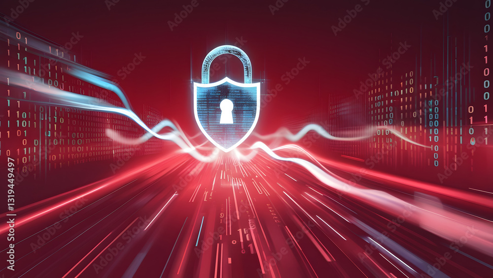 Poster data security: a captivating digital illustration, showcases a glowing padlock set against a backdro