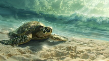 Obraz premium A sea turtle resting on the sandy ocean floor as waves ripple above