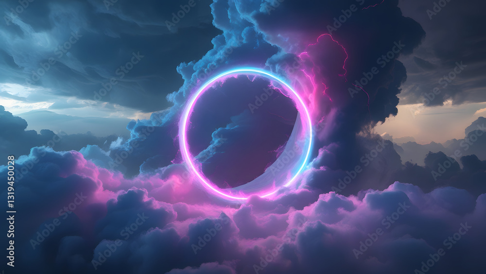Poster nebula ring: a luminous neon ring floats amidst swirling, ethereal clouds, creating a surreal and ca