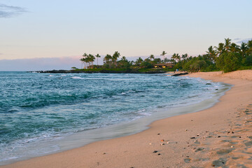 Hawaii Sunset Beach Landscape: Golden Twilight on the Tropical Island Paradise Coast with Peaceful Ocean Waves