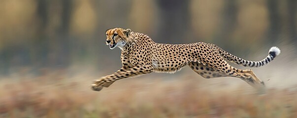 Fototapeta premium A fast cheetah with distinct spots is running through savanna grasslands