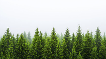 Fototapeta premium Lush green coniferous trees in misty forest landscape create serene atmosphere