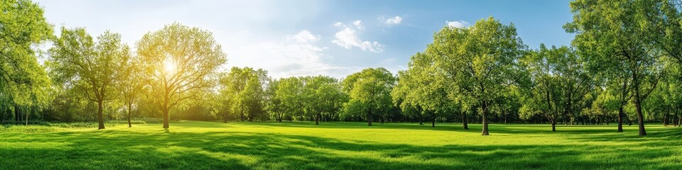 Serene Panoramic Landscape of Lush Green Meadow with Vibrant Trees under a Clear Blue Sky and Soft Sunlight Emitting Warmth and Tranquility
