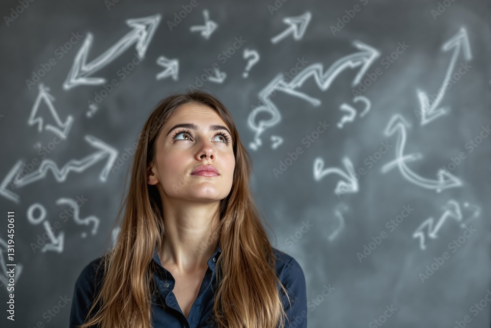 Poster woman in deep thought looking up, surrounded by hand-drawn arrows and question marks on a chalkboard