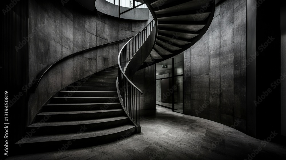 Poster spiraling minimalist black and white staircase modern architecture indoor setting abstract design un