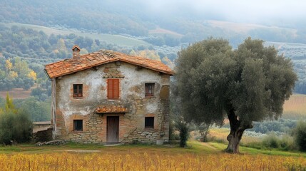 Old stone house with a terracotta roof stands in the tuscan countryside near a large olive tree, surrounded by vineyards. Ai generated