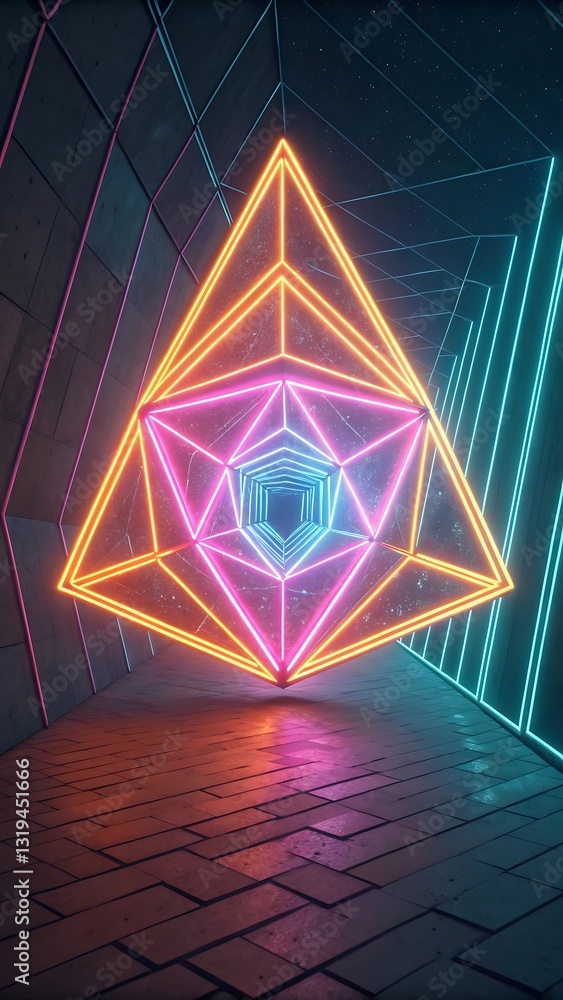 Poster neon triangle tunnel with abstract lighting and sci-fi architecture, exploring geometric future desi